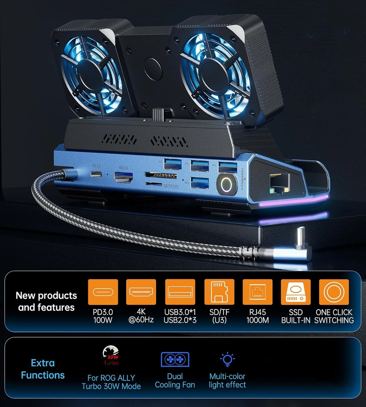 13-in-1 Steam Deck Dock for MSI Claw 8 EX AI+, Dual Fans, 4K60