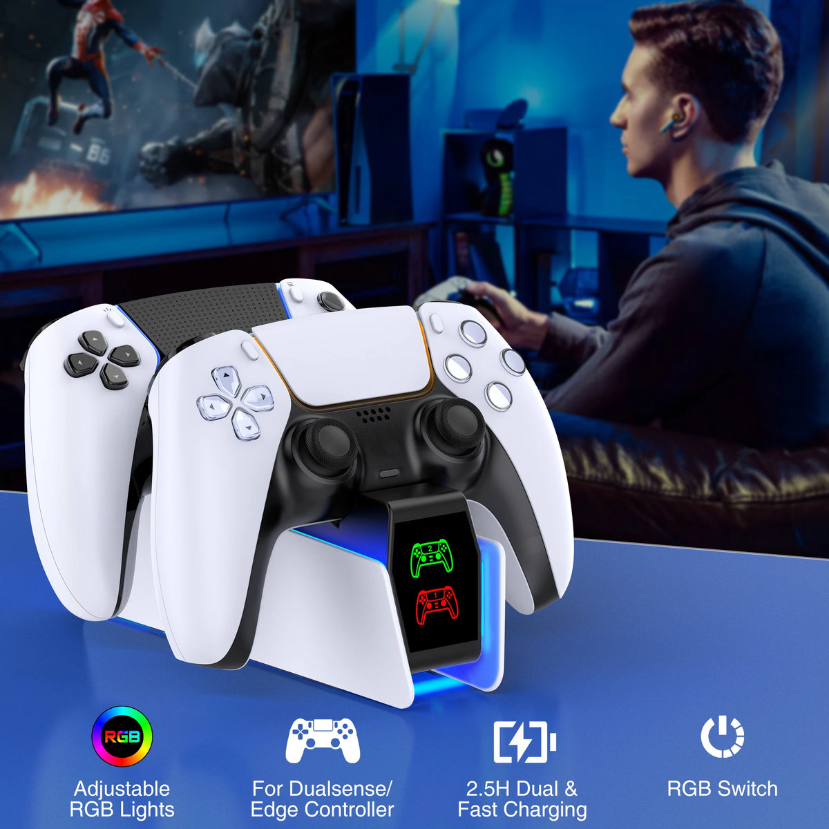 DinoFire Charger for PS5 Controller DualSense Charging Station Dual Charging Dock Charger Stand for PlayStation 5 Controllers