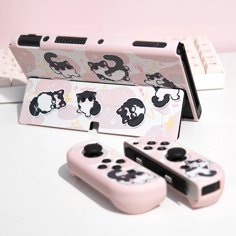 Pink Cat Case for Nintendo Switch OLED, Dockable Hard PC Shell