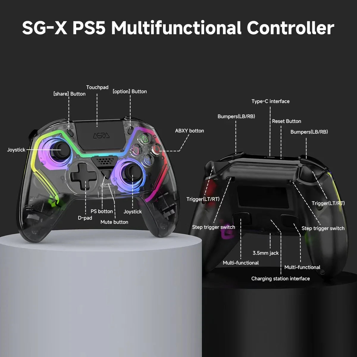 HG-04D Transparent Wireless PS5 Controller, Hall Triggers, BT 5.3