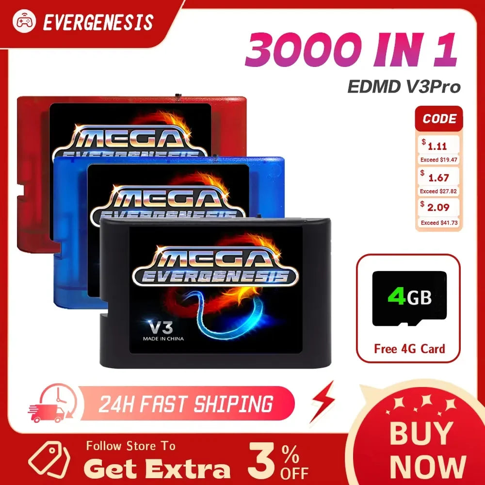 New For MegaDrive Genesis MD V3Pro With 3000 files Optical Drive Emulator MEGAKey Support 32X File Memory Card With 4G TF Card