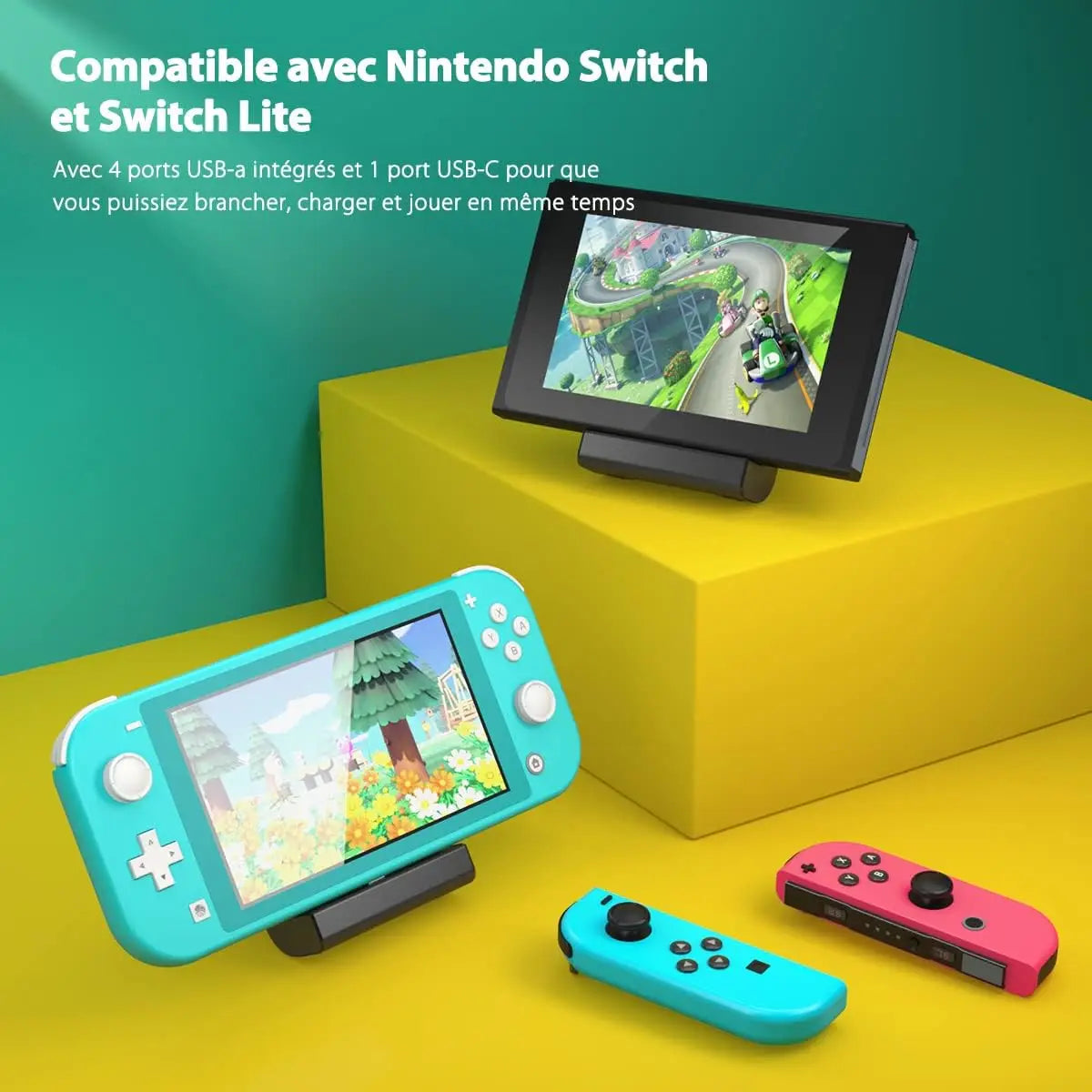 Dual USB Play Stand Dock for Switch Lite, 4 USB Ports