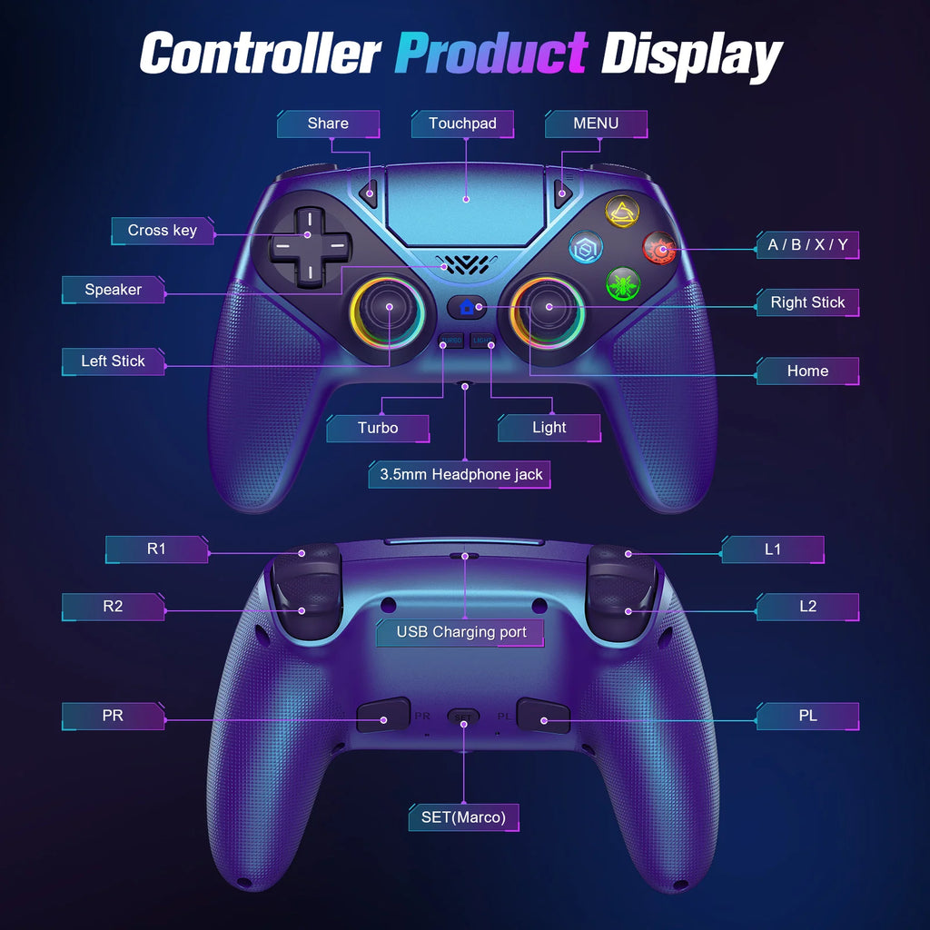 Controller For Playstation 5 PS5/PS5 Pro/Slim/PC,RGB Wireless BT Game Joystick Hall Effect 6 Axis Gyro Dual Shock Turbo Gamepads