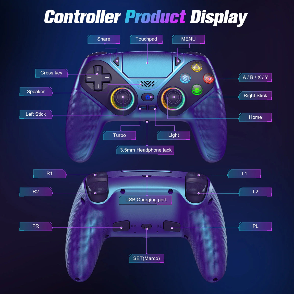 Controller For Playstation 5 PS5/PS5 Pro/Slim/PC,RGB Wireless BT Game Joystick Hall Effect 6 Axis Gyro Dual Shock Turbo Gamepads