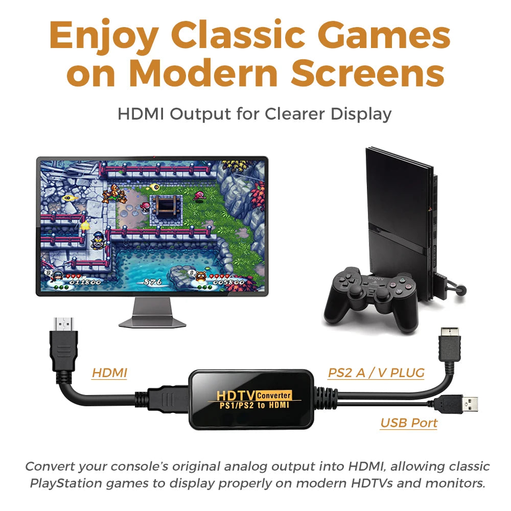 HDMI Converter for PS2 / PS1, 1080P USB Power Adapter Cable